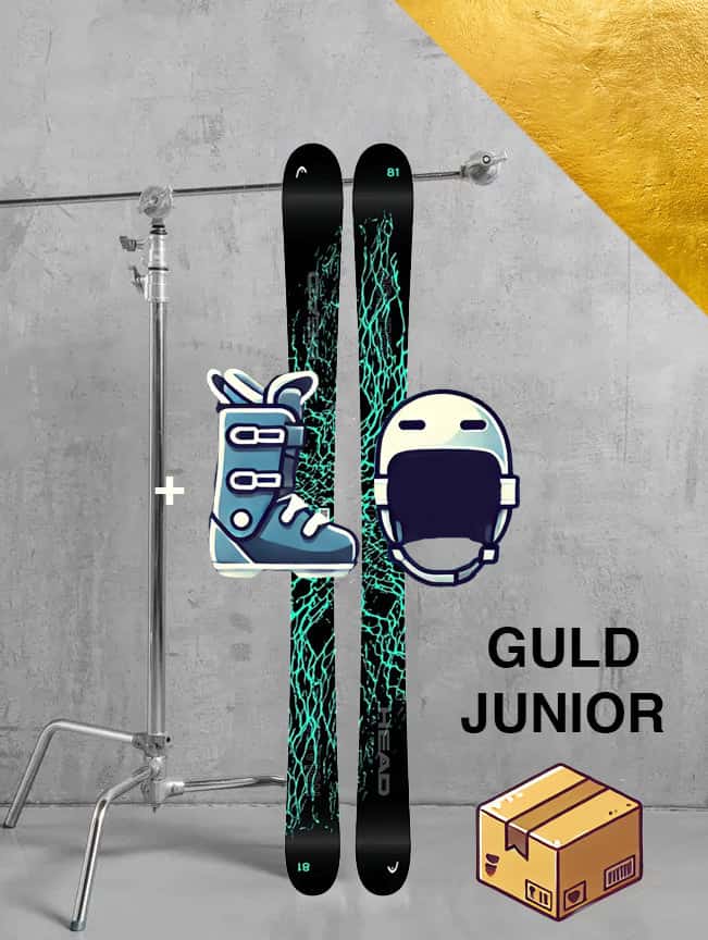 Junior freestyle (twintip) ski inkl. skistave, støvler og hjelm – Guld-pakke